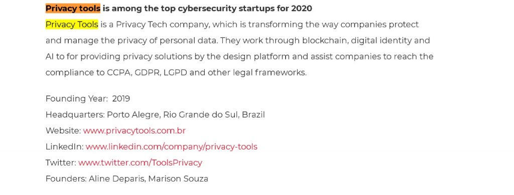 PrivacyTools no top 100 das Startups de Cibersegurança para 2020 do HexGn 1 Trecho da lista que cita a Privacy Tools entre as principais startups de cibersegurança de 2020