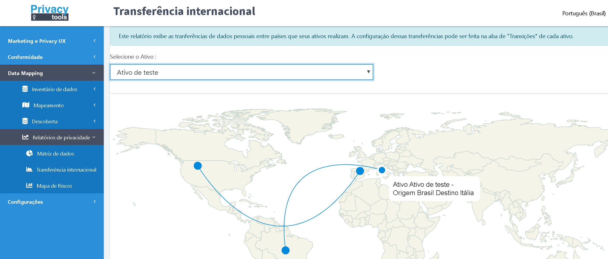 PrivacyTools lança atualização de sua plataforma. 1 Tela da plataforma Privacy Tools: mapa de transferência internacional de dados