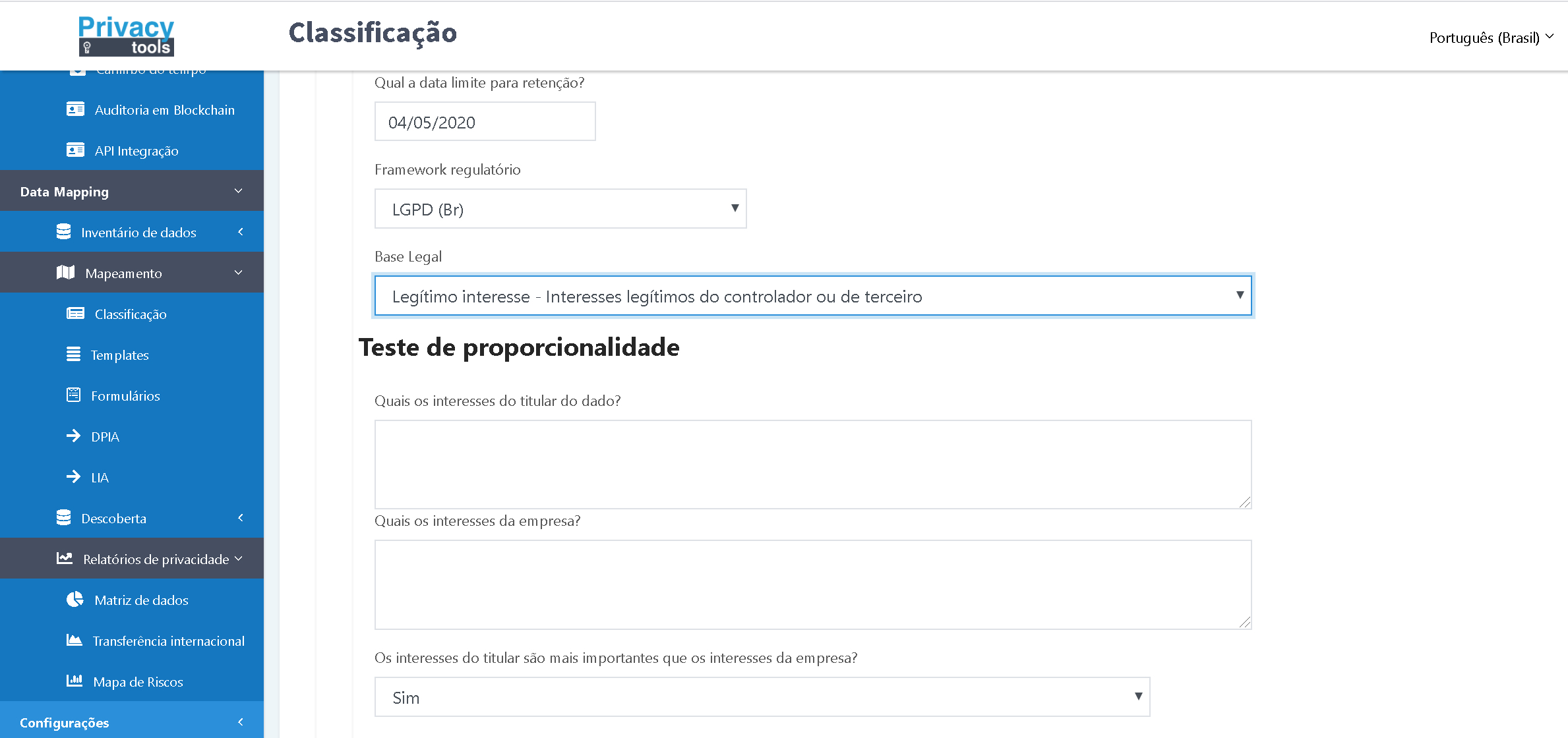 PrivacyTools lança atualização de sua plataforma. 2 Tela da plataforma Privacy Tools: teste de proporcionalidade do legítimo interesse