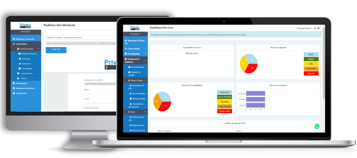 Telas da plataforma Privacy Tools em um monitor e em um notebook