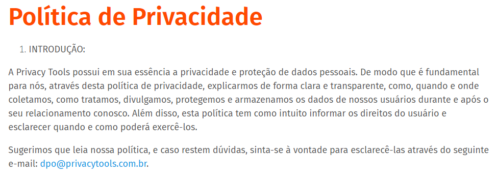 exemplo de página dedicada a politica de privacidade da empresa