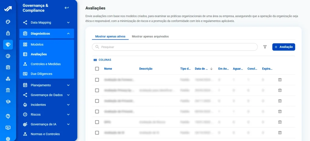 Tela da plataforma Privacy Tools: avaliações do módulo Diagnósticos