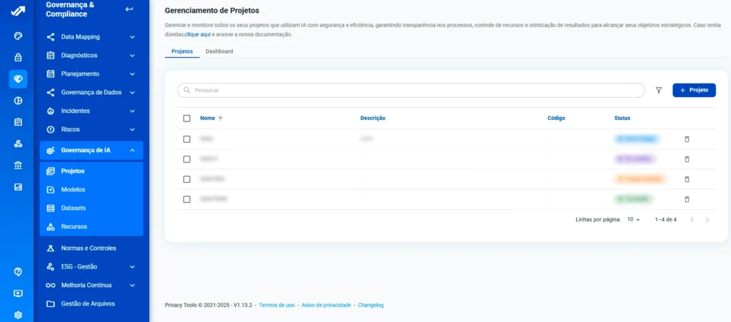 Tela da plataforma Privacy Tools: gerenciamento de projetos de IA