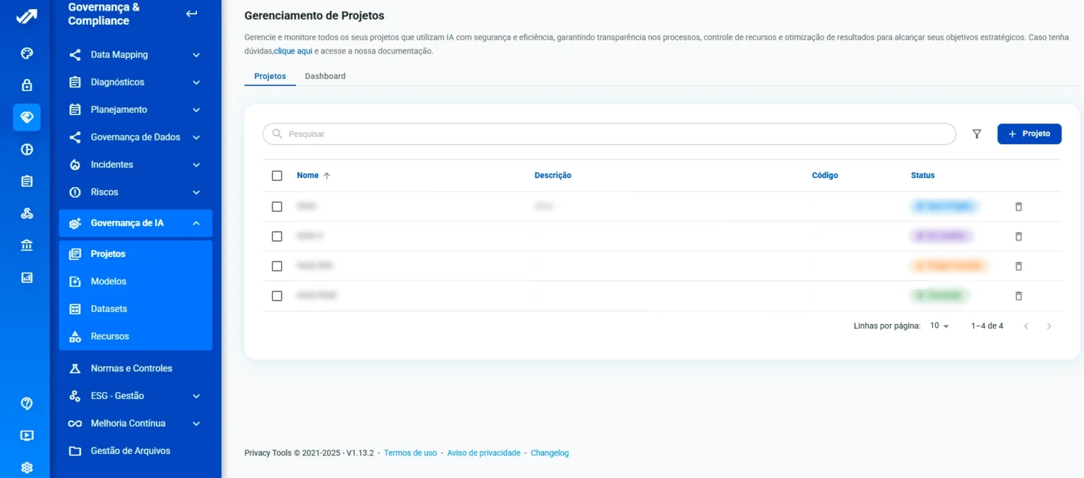 Tela da plataforma Privacy Tools: gerenciamento de projetos de IA