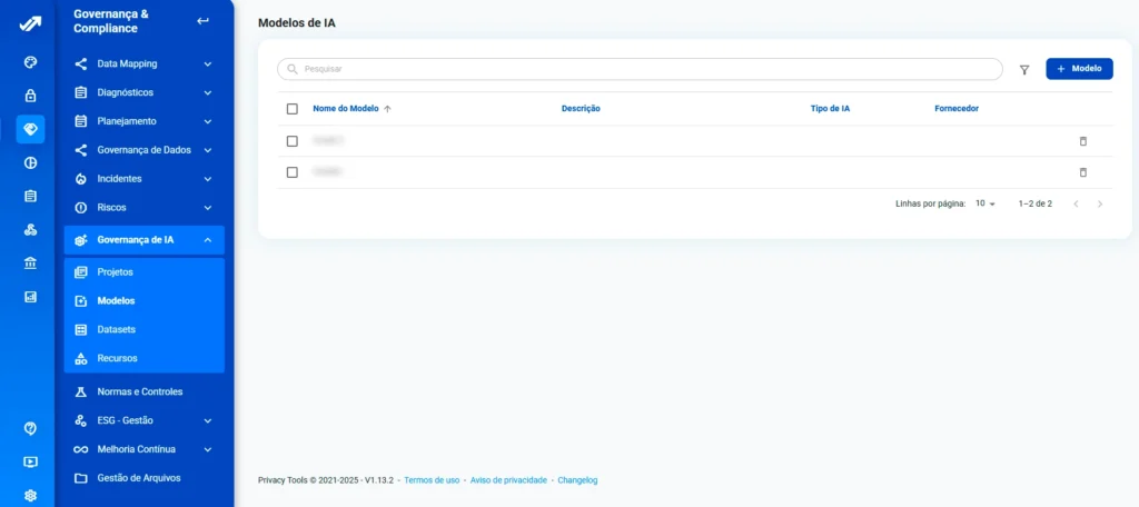 Tela da plataforma Privacy Tools: modelos de IA no módulo Governança de IA