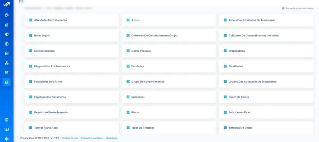 Tela da plataforma Privacy Tools: painel com atividades de tratamento, ativos, consentimentos, incidentes e riscos