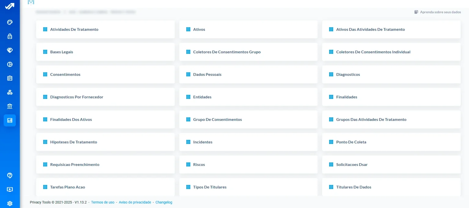 Tela da plataforma Privacy Tools: painel com atividades de tratamento, ativos, consentimentos, incidentes e riscos