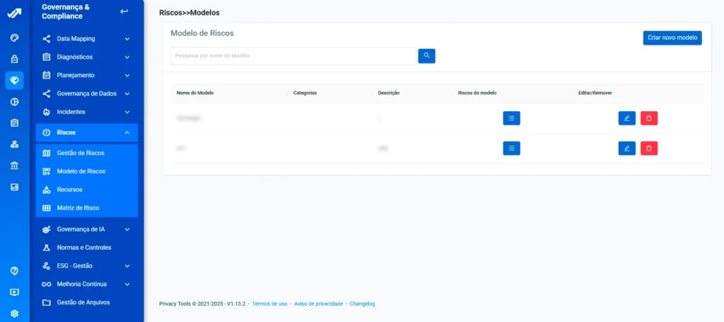 Tela da plataforma Privacy Tools: modelos de riscos