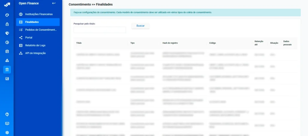 Tela da plataforma Privacy Tools: finalidades de consentimento no módulo Open Finance