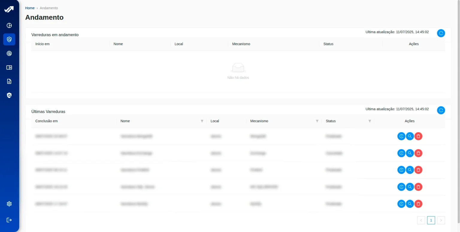 Tela da plataforma Privacy Tools: andamento das varreduras de dados